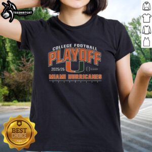 Official Miami Hurricanes 2025 College Football Playoffs ladies tee featuring team logo and vibrant colors.