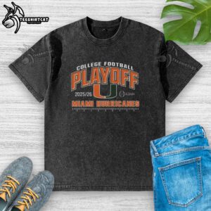 Alt Text: Official Miami Hurricanes 2025 College Football Playoffs washed t-shirt showcasing team pride and vibrant colors.