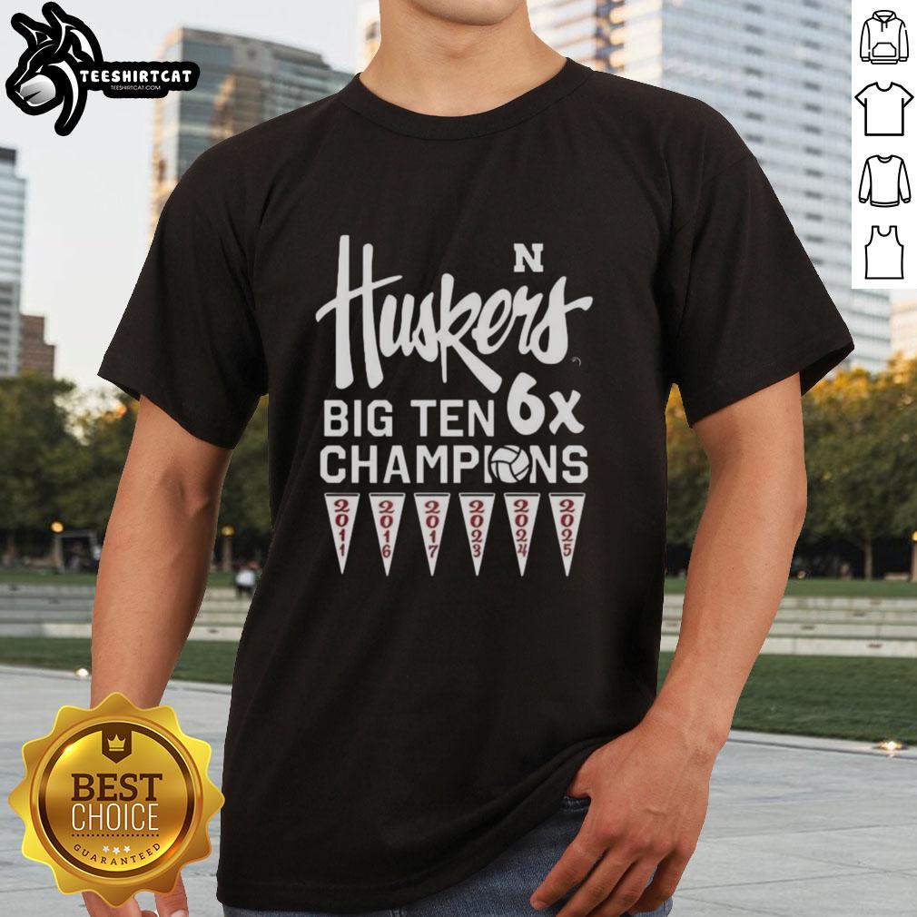 Alt Text: Official Nebraska Cornhuskers Volleyball Big Ten 6X Champions 2025 T-Shirt featuring bold team graphics and vibrant colors.