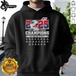 Alt Text: Official New England Patriots 2025 AFC East Division Champions hoodie featuring team helmet design and logo.