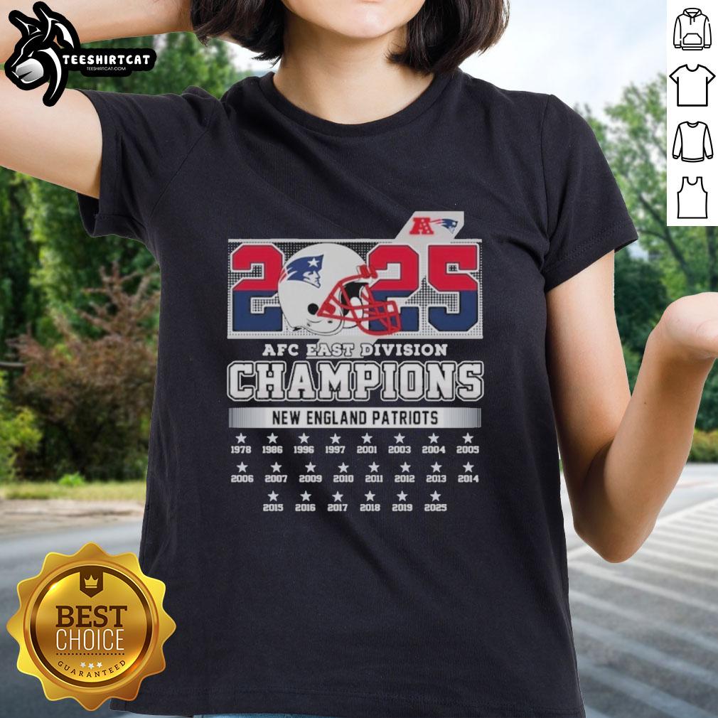 Official New England Patriots 2025 AFC East Division Champions helmet ladies tee, featuring team colors and logo.