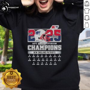 Alt Text: Official New England Patriots 2025 AFC East Division Champions helmet sweatshirt featuring team colors and logo.