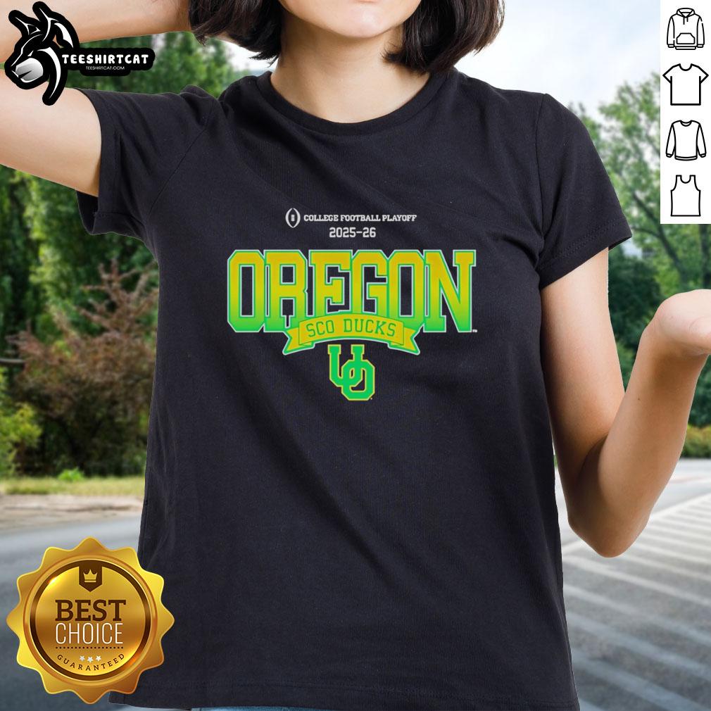 Official Oregon Ducks SCO Ducks 2025-26 College Football Playoff ladies tee in green, showcasing team spirit and style.