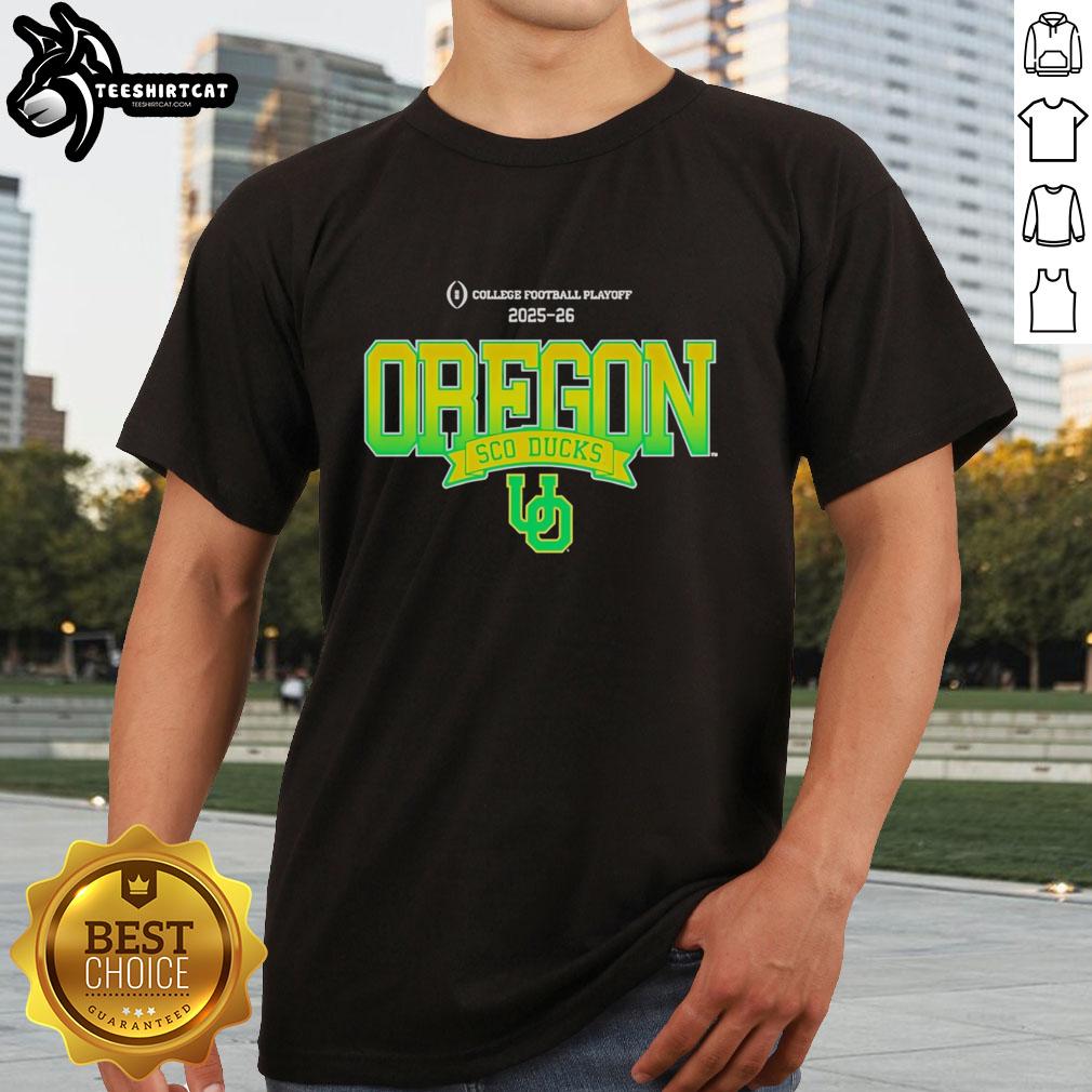 Official Oregon Ducks Sco Ducks 2025-26 College Football Playoff T-Shirt featuring team logo and vibrant colors.