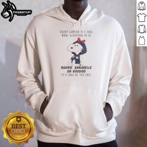 Official Peanuts hoodie featuring dolls like Barbie, Annabelle, and Voodoo with a playful dice design.