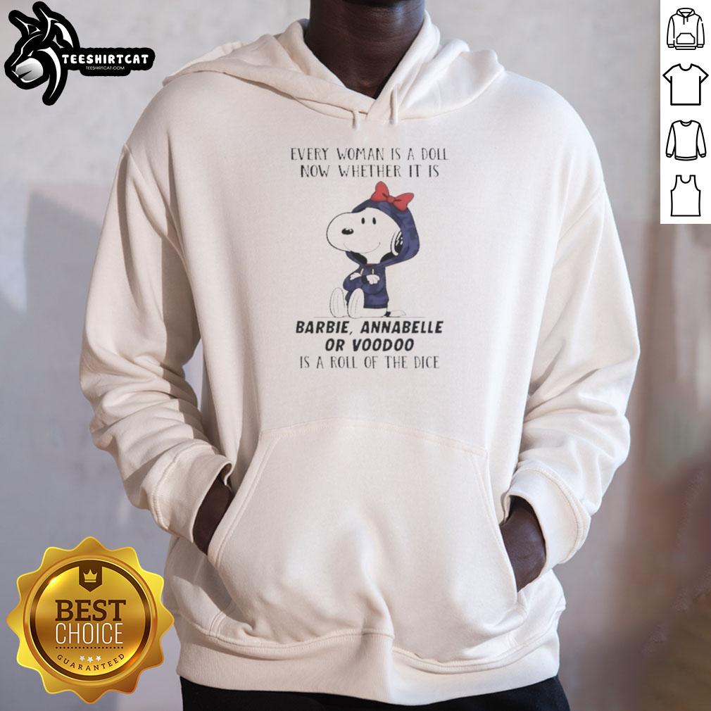 Official Peanuts hoodie featuring dolls like Barbie, Annabelle, and Voodoo with a playful dice design.