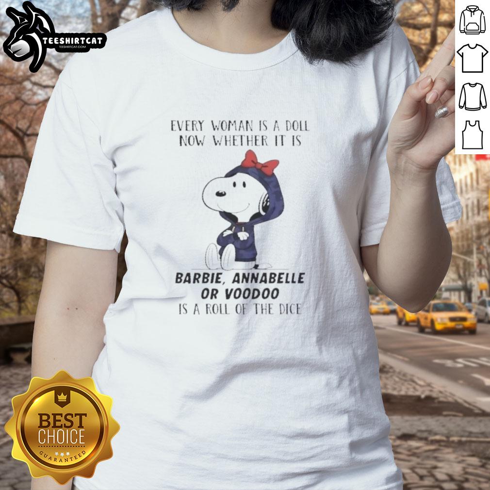 Official Peanuts tee featuring dolls like Barbie and Annabelle, perfect for women who embrace fun and unique styles.