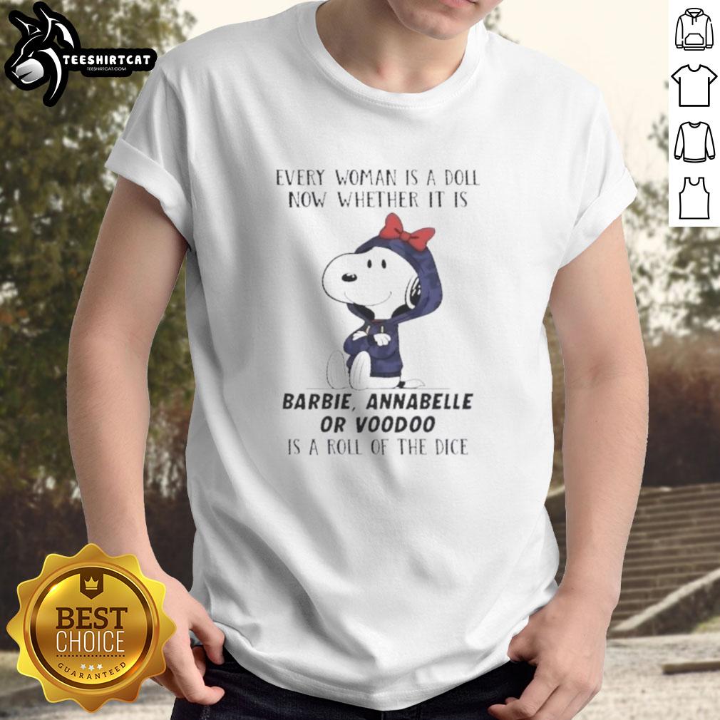 Official Peanuts T-shirt featuring dolls like Barbie and Annabelle, perfect for playful fashion enthusiasts.