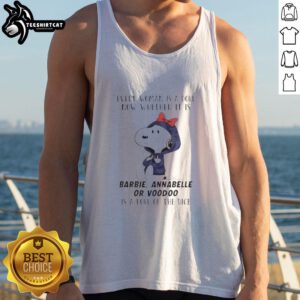 Official Peanuts tank top featuring 'Every Woman Is A Doll' design with Barbie, Annabelle, and Voodoo themes.