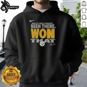 Official Pittsburgh Steelers 2025 AFC North Champions Hoodie showcasing team logo and championship details.