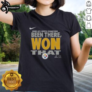 Official Pittsburgh Steelers 2025 AFC North Champions ladies tee showcasing team pride and stylish design.