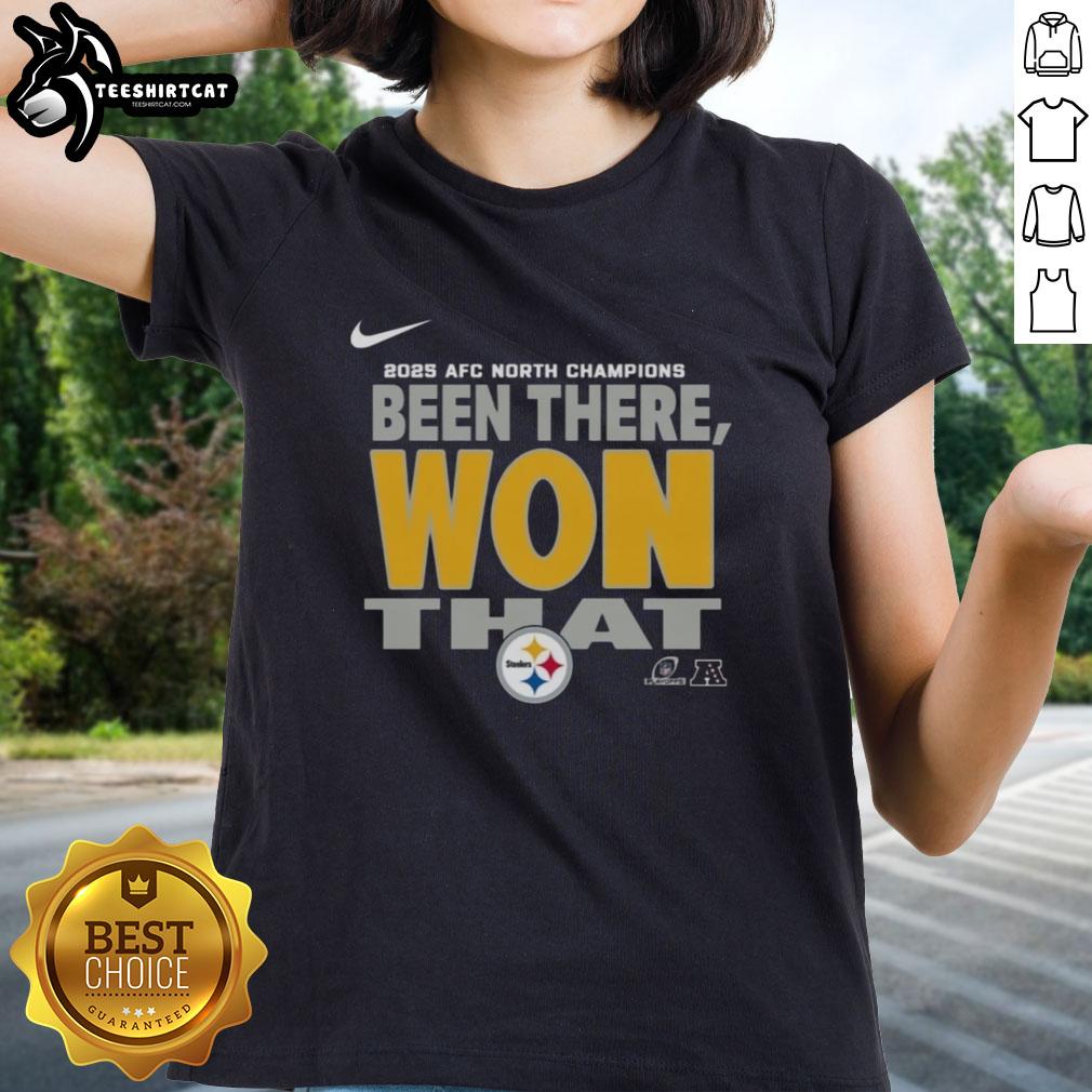 Official Pittsburgh Steelers 2025 AFC North Champions ladies tee showcasing team pride and stylish design.