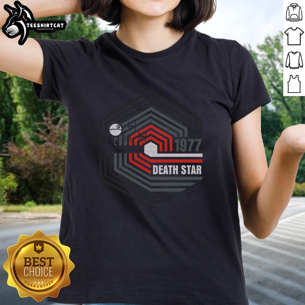 Official Retro 1977 Death Star Ladies Tee featuring a vintage design perfect for Star Wars fans.