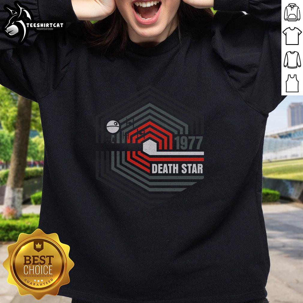 Official Retro 1977 Death Star Sweatshirt featuring iconic Star Wars design, perfect for fans and collectors.