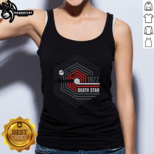 Official Retro 1977 Death Star Tank Top featuring iconic Star Wars design, perfect for fans and casual wear.