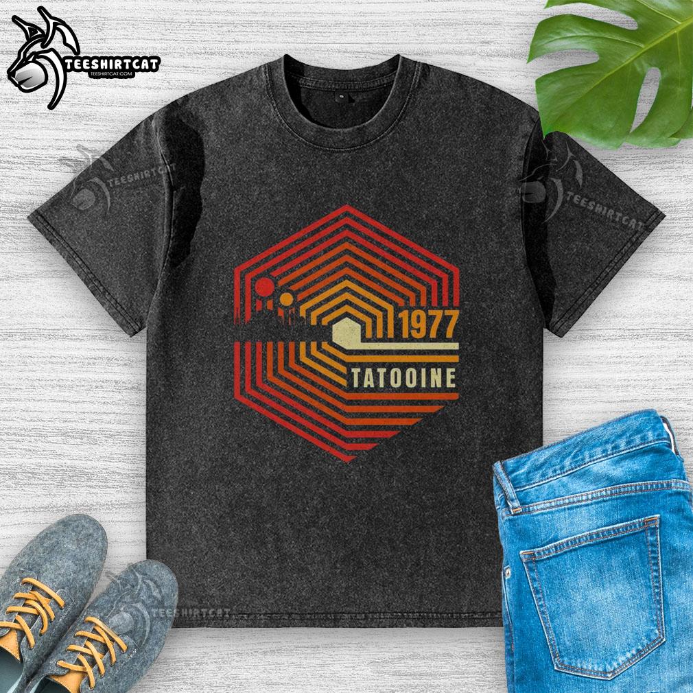 Official Retro 1977 Tatooine Washed T-Shirt featuring vintage design and soft fabric, perfect for Star Wars fans.