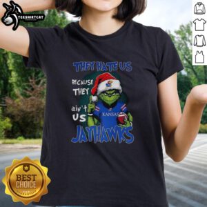 Official Santa Grinch Kansas Jayhawks ladies tee featuring 'They Hate Us Because They Ain't Us' design.