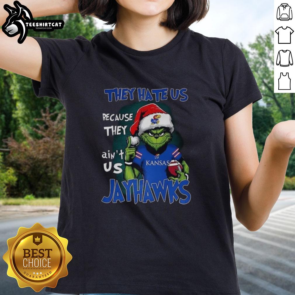 Official Santa Grinch Kansas Jayhawks ladies tee featuring 'They Hate Us Because They Ain't Us' design.