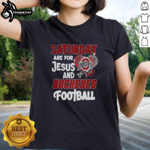 Official Saturday Are for Jesus and Buckeyes Football Ladies Tee in vibrant colors, perfect for game day attire.