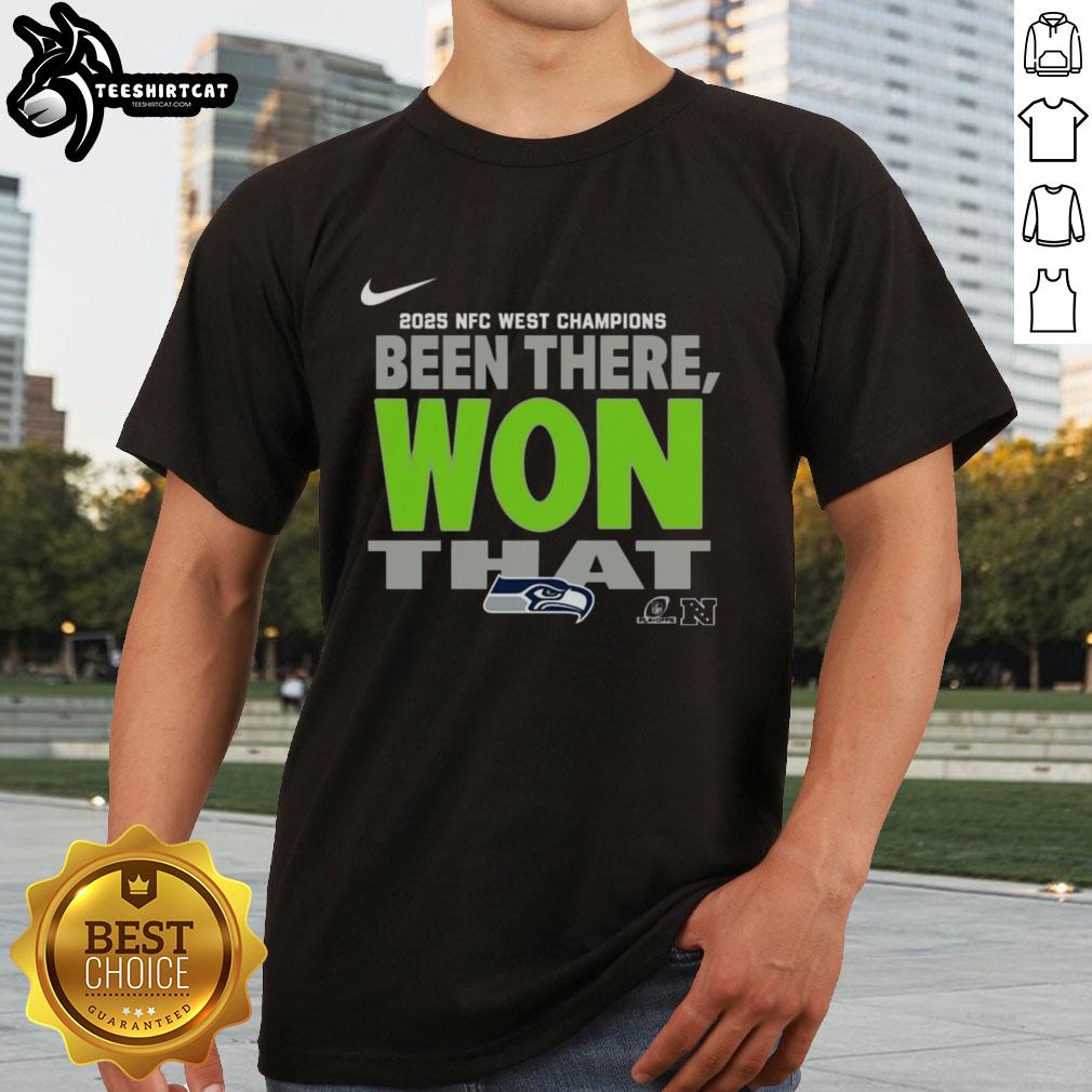 Official Seattle Seahawks 2025 NFC West Champions T-Shirt featuring team logo and vibrant colors, perfect for fans.