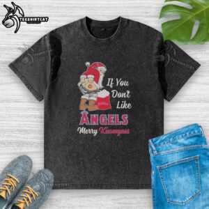 Santa Claus wearing a Merry Kiss My Ass sweater, featuring Los Angeles Angels logo on a washed t-shirt.