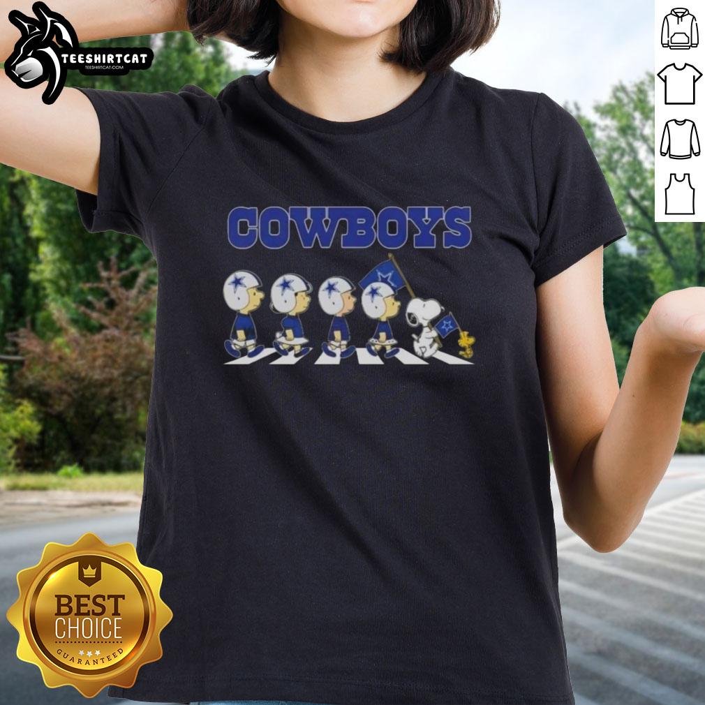 Original Dallas Cowboys X Peanuts Snoopy and Friends Abbey Road Ladies Tee showcasing fun character designs.