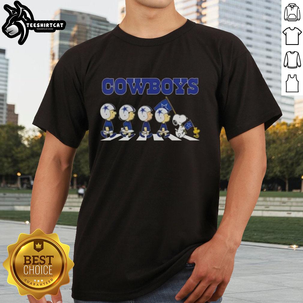 Original Dallas Cowboys X Peanuts Snoopy and Friends Abbey Road T-Shirt featuring iconic characters in a fun design.