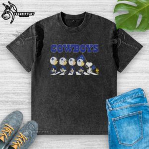 Alt Text: Original Dallas Cowboys X Peanuts Snoopy and Friends Abbey Road washed t-shirt featuring iconic characters