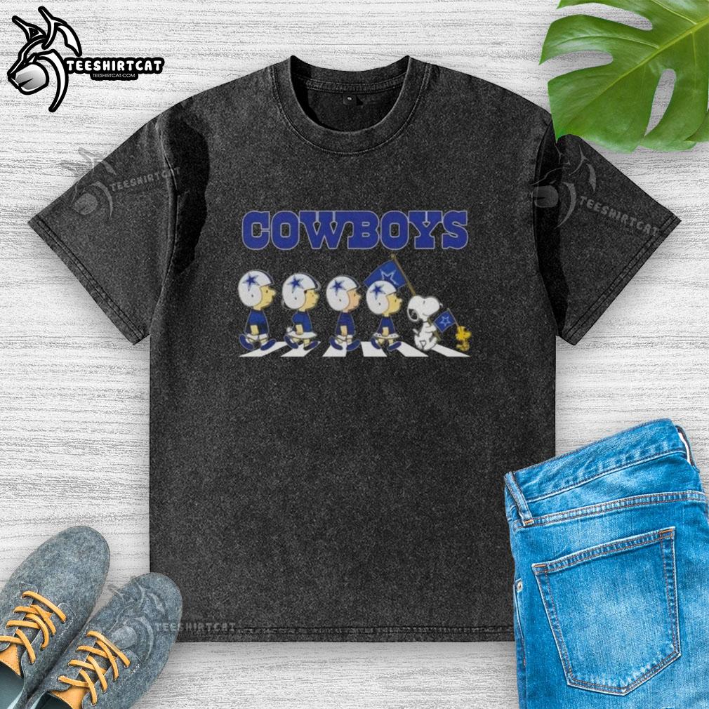Alt Text: Original Dallas Cowboys X Peanuts Snoopy and Friends Abbey Road washed t-shirt featuring iconic characters