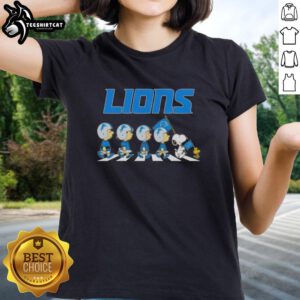 Original Detroit Lions X Peanuts Snoopy and Friends Abbey Road Ladies Tee featuring iconic characters and team logo.