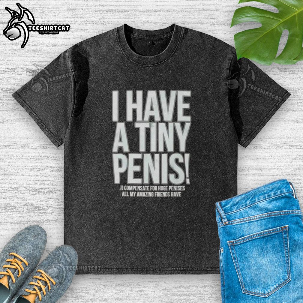 Alt Text: Self-deprecating washed t-shirt with 'I Have A Tiny Penis' print, perfect for humor and casual wear.