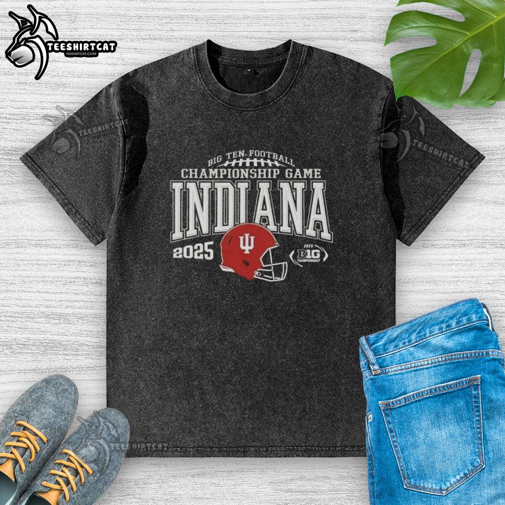 Original Indiana Hoosiers 2025 Big Ten Football Championship Game washed t-shirt displayed on a wooden background.