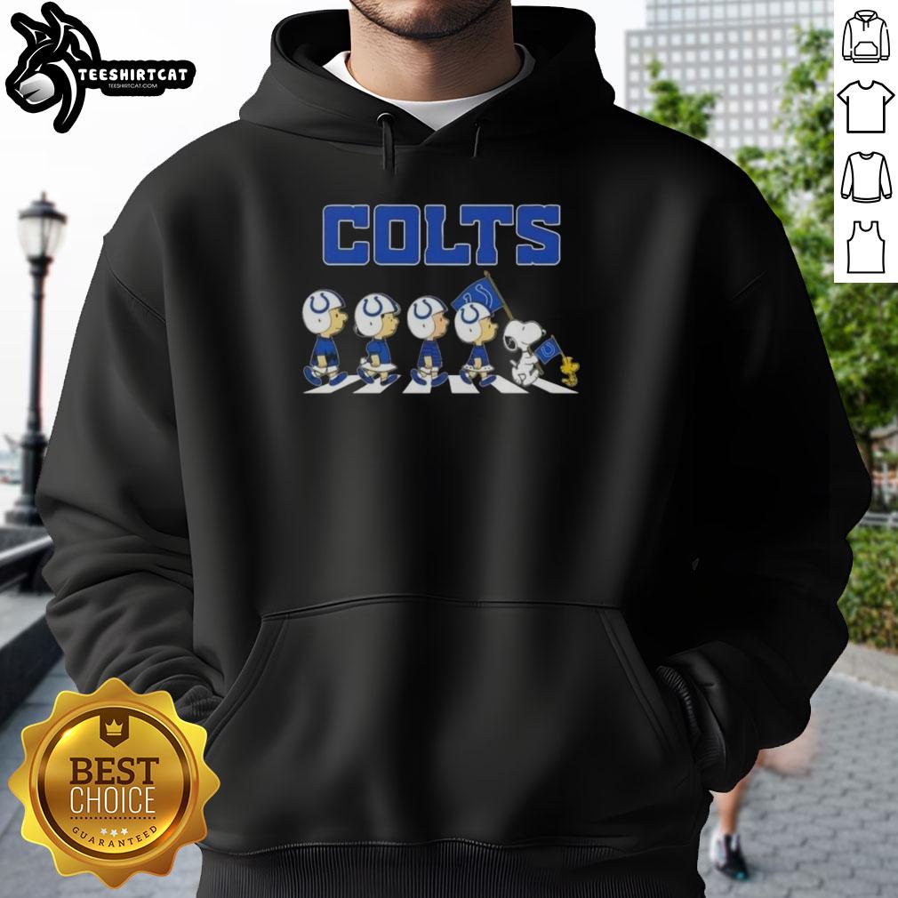 Alt Text: Original Indianapolis Colts X Peanuts Snoopy and Friends Abbey Road hoodie featuring colorful cartoon characters.