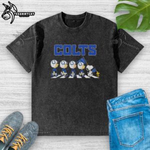 Original Indianapolis Colts X Peanuts Snoopy and Friends Abbey Road washed t-shirt featuring iconic cartoon characters.