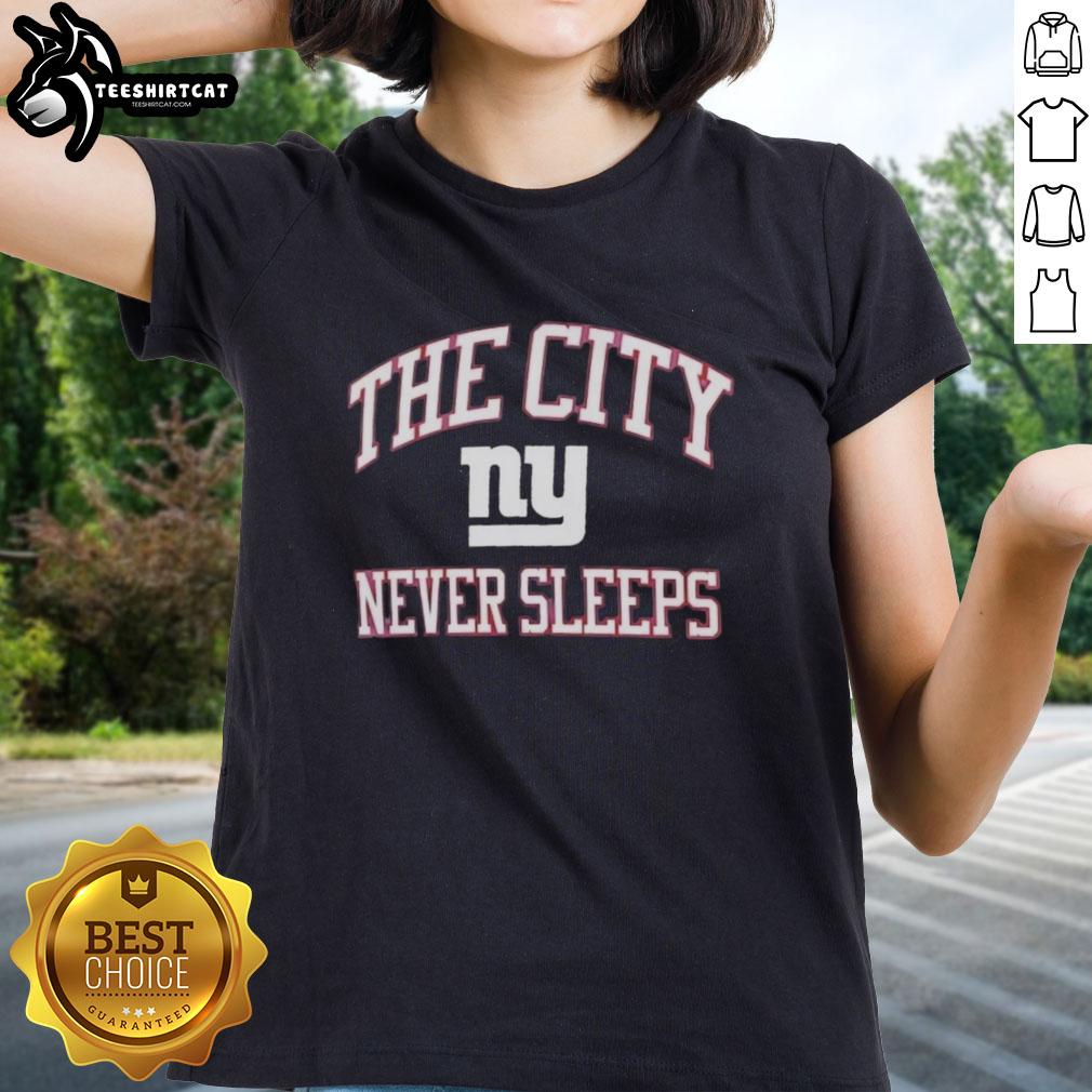 Original New York Giants Nike The City Never Sleeps ladies tee in blue with team logo, perfect for fans.