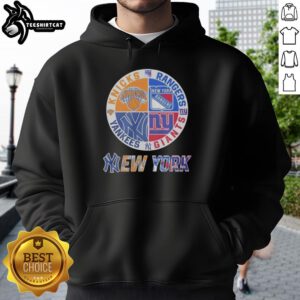 Alt Text: Original New York Knicks, Rangers, Yankees, Giants mashup logo hoodie showcasing iconic NYC sports team logos.