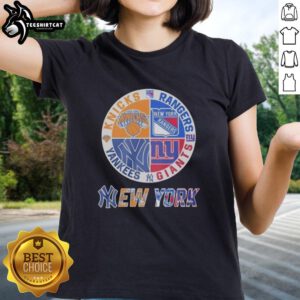 Original New York Knicks, Rangers, Yankees, and Giants mashup logo on a ladies tee, perfect for NYC sports fans.