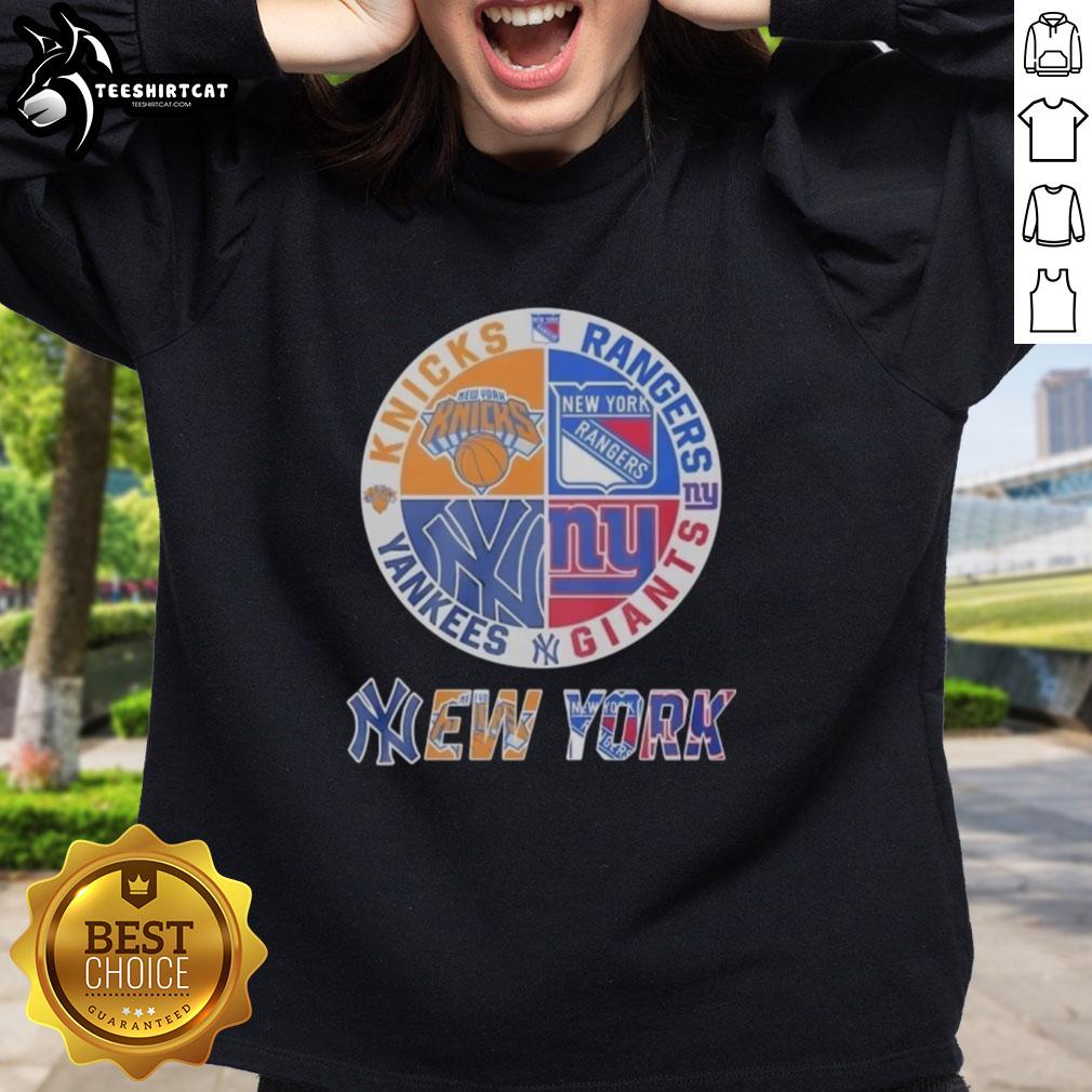 Alt Text: Original New York Knicks, Rangers, Yankees, and Giants mashup logo sweatshirt showcasing iconic NYC sports teams.