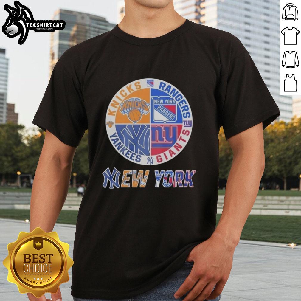 Alt Text: Original New York Knicks, Rangers, Yankees, Giants mashup logo t-shirt featuring iconic team designs and colors.