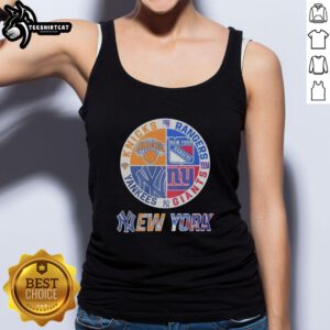 Alt Text: Original New York Knicks, Rangers, Yankees, Giants mashup logo on a stylish tank top, perfect for sports fans.