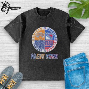 Original New York Knicks, Rangers, Yankees, Giants mashup logo on a washed t-shirt, perfect for NYC sports fans.