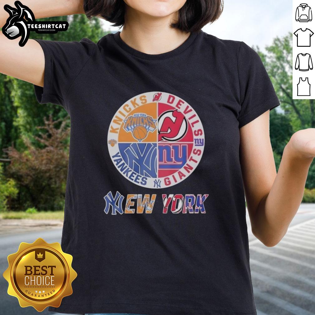 Alt Text: Mashup logo of New York Knicks, Yankees, Giants, and New Jersey Devils on a ladies tee shirt design.
