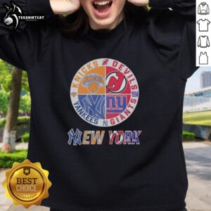 Original New York Knicks, Yankees, Giants & Devils mashup logo sweatshirt featuring vibrant team colors and designs.