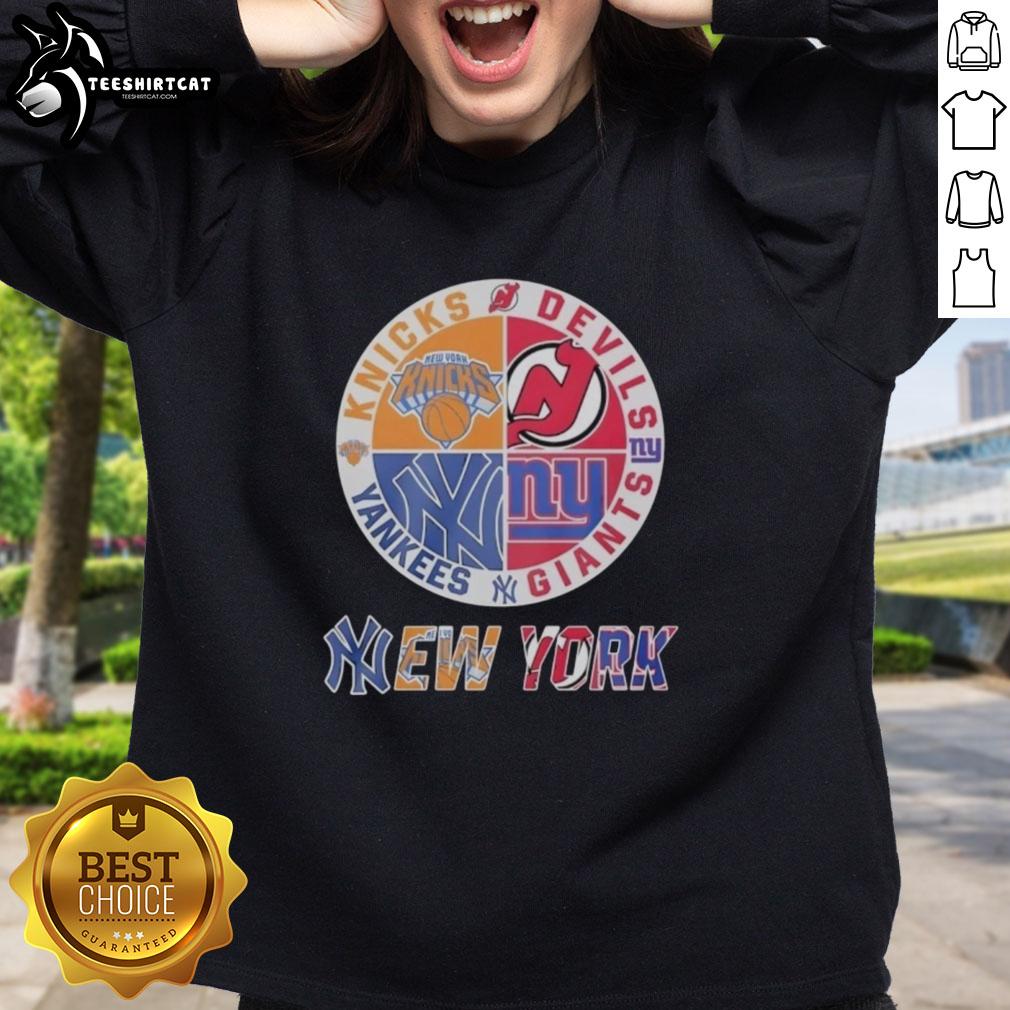 Original New York Knicks, Yankees, Giants & Devils mashup logo sweatshirt featuring vibrant team colors and designs.