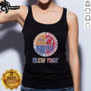Alt Text: Stylish tank top featuring a mashup logo of the New York Knicks, Yankees, Giants, and New Jersey Devils.