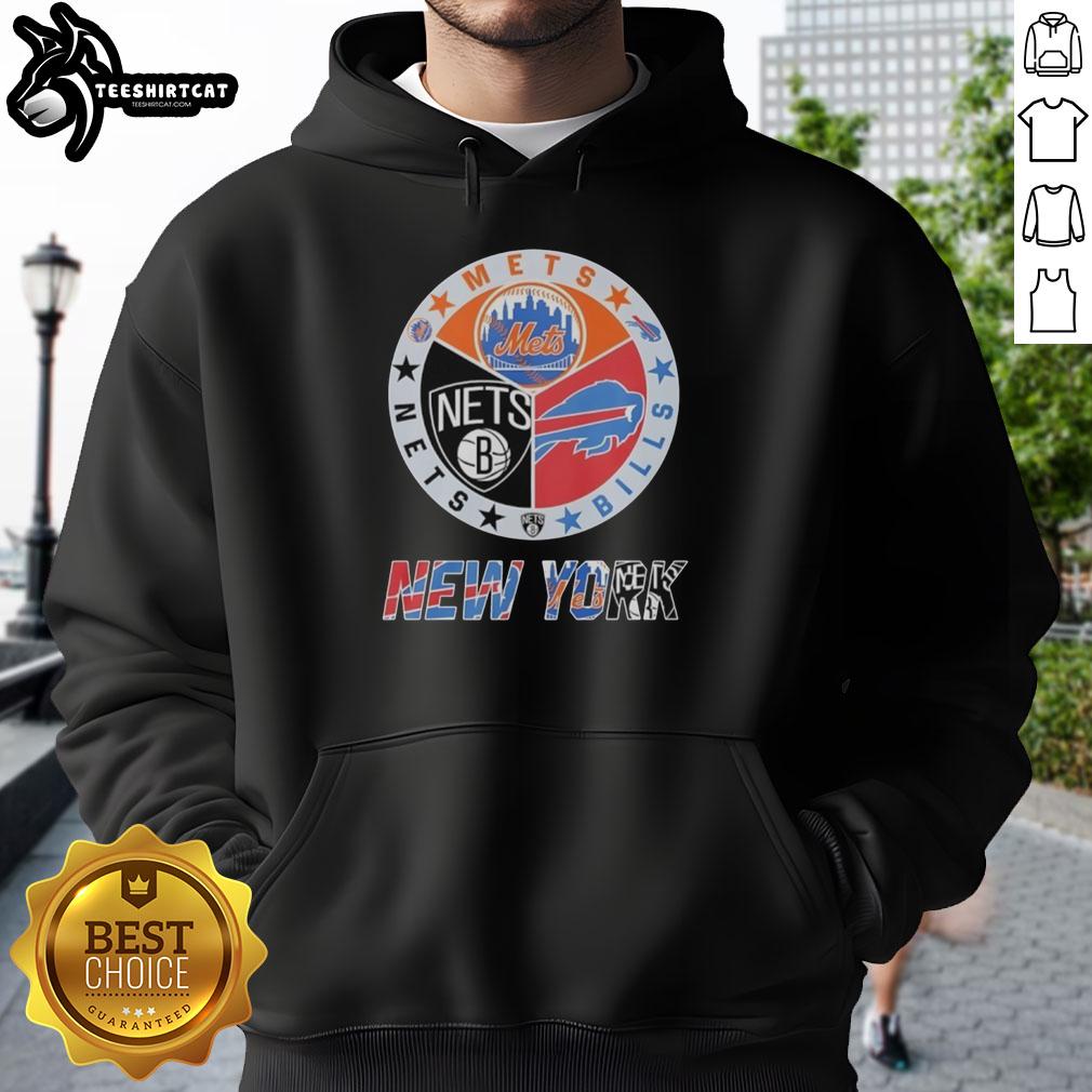 Original New York Mets, Brooklyn Nets, and Buffalo Bills mashup logo hoodie showcasing vibrant team graphics.