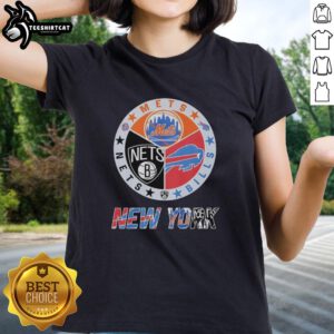Original New York Mets, Brooklyn Nets, and Buffalo Bills mashup logo on a stylish ladies tee, perfect for sports fans.