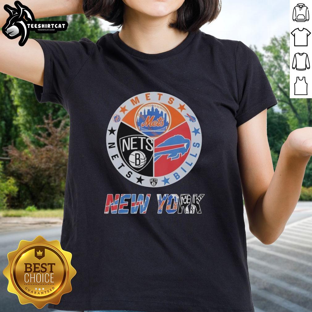 Original New York Mets, Brooklyn Nets, and Buffalo Bills mashup logo on a stylish ladies tee, perfect for sports fans.