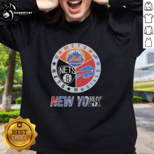 Original New York Mets, Brooklyn Nets, and Buffalo Bills mashup logo sweatshirt featuring vibrant team colors.