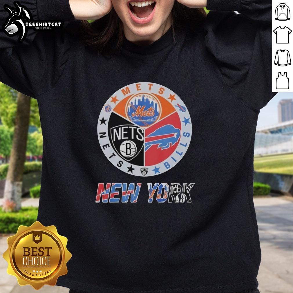 Original New York Mets, Brooklyn Nets, and Buffalo Bills mashup logo sweatshirt featuring vibrant team colors.